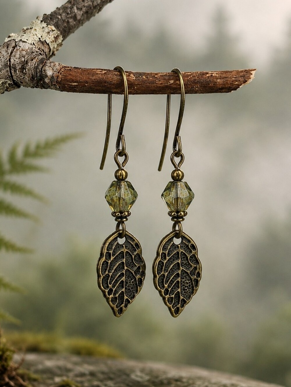 Moss Green Czech Glass Leaf Earrings Antique Brass Botanical Hand Crafted